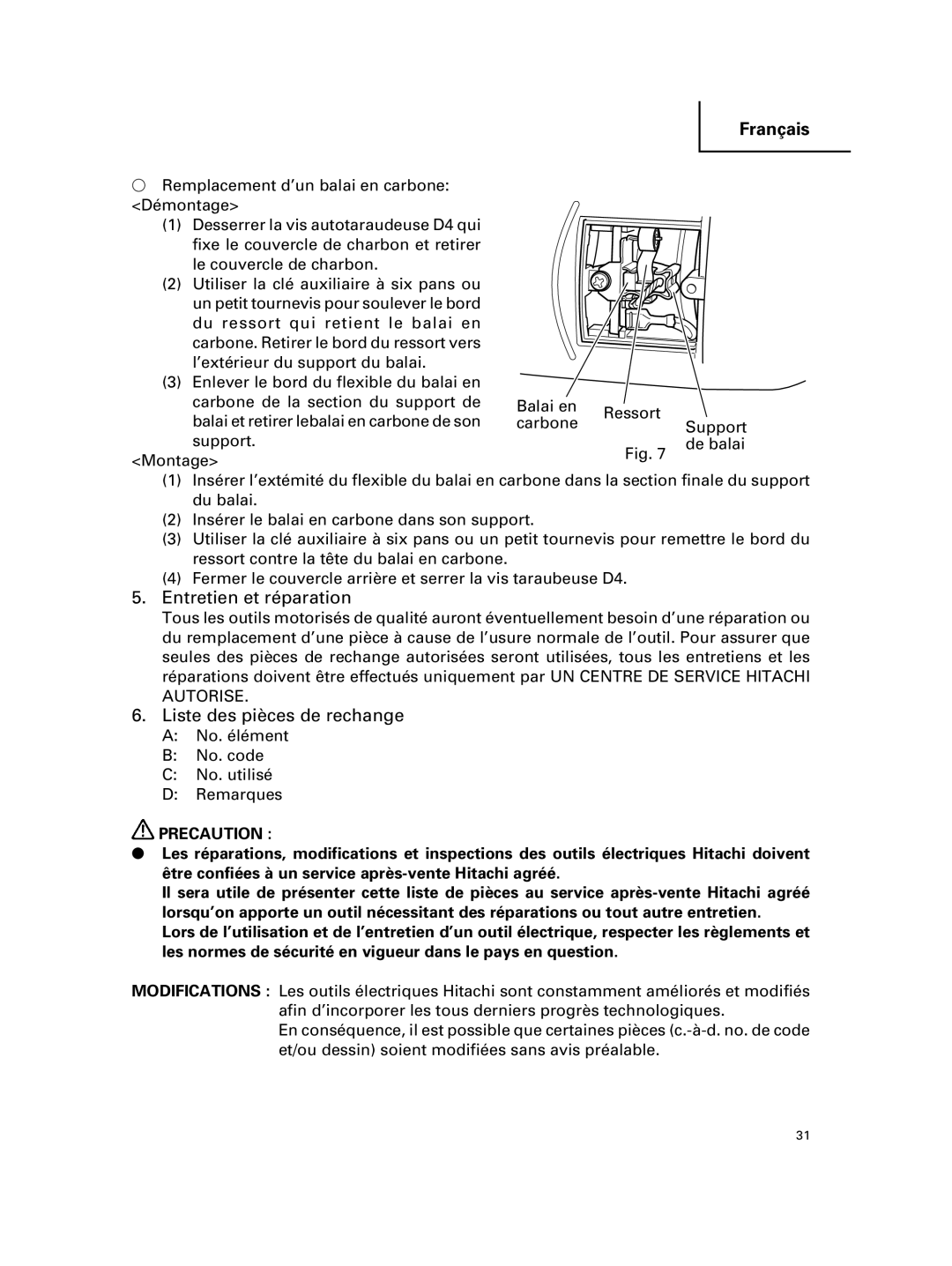 Hitachi G 18MR, G 23MR instruction manual Entretien et réparation, Liste des pièces de rechange 