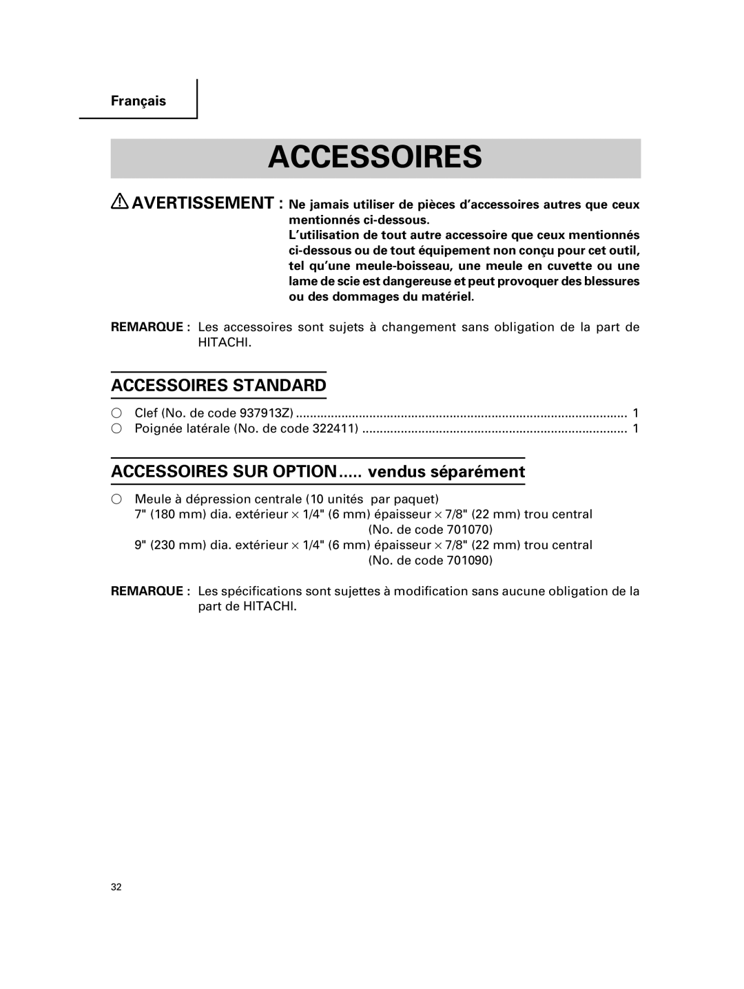 Hitachi G 23MR, G 18MR instruction manual Accessoires Standard, Accessoires SUR Option 