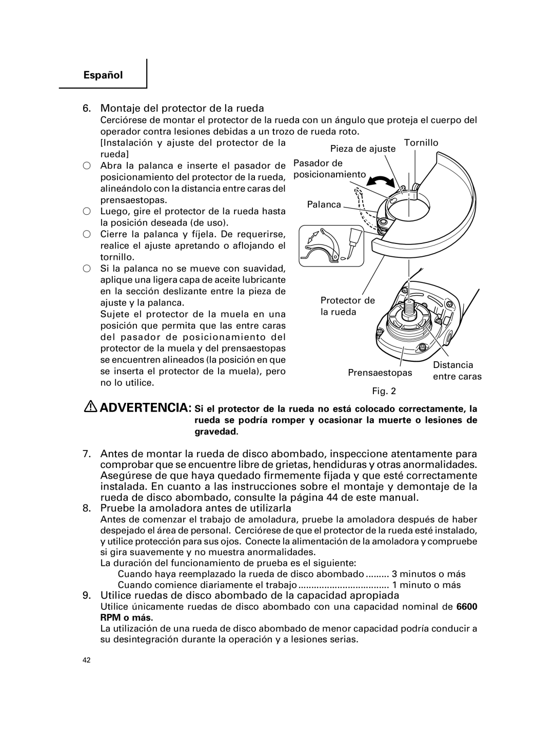 Hitachi G 23MR Montaje del protector de la rueda, Utilice ruedas de disco abombado de la capacidad apropiada, RPM o más 