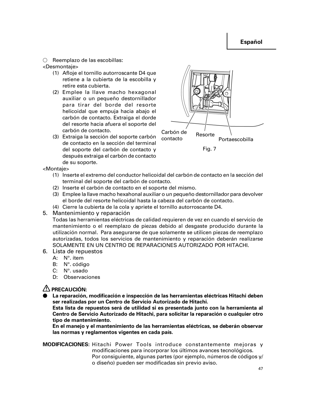 Hitachi G 18MR, G 23MR instruction manual Mantenimiento y reparación, Lista de repuestos 