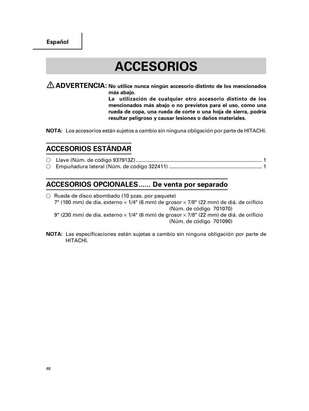 Hitachi G 23MR, G 18MR instruction manual Accesorios Estándar, Accesorios Opcionales 