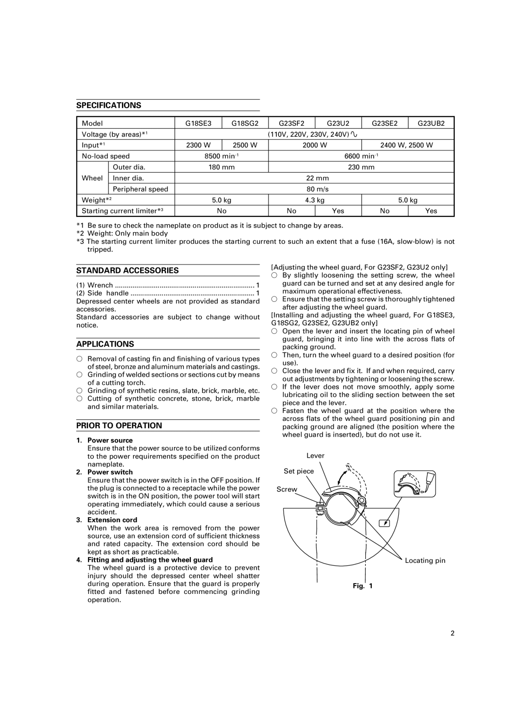 Hitachi G23SF2, G23U2, G23SE2, G23UB2, G18SG2, G18SE3 Specifications, Standard Accessories, Applications, Prior to Operation 