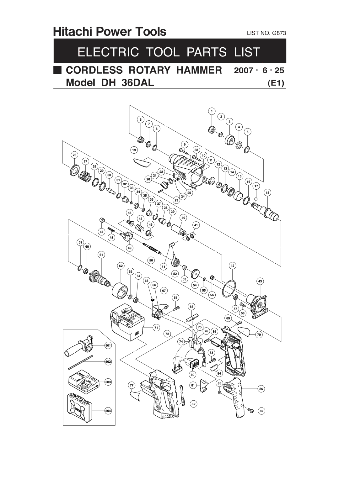 Hitachi G873 manual Electric Tool Parts List 