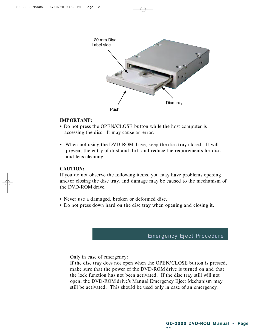 Hitachi GD-2000 manual Emergency Eject Procedure 