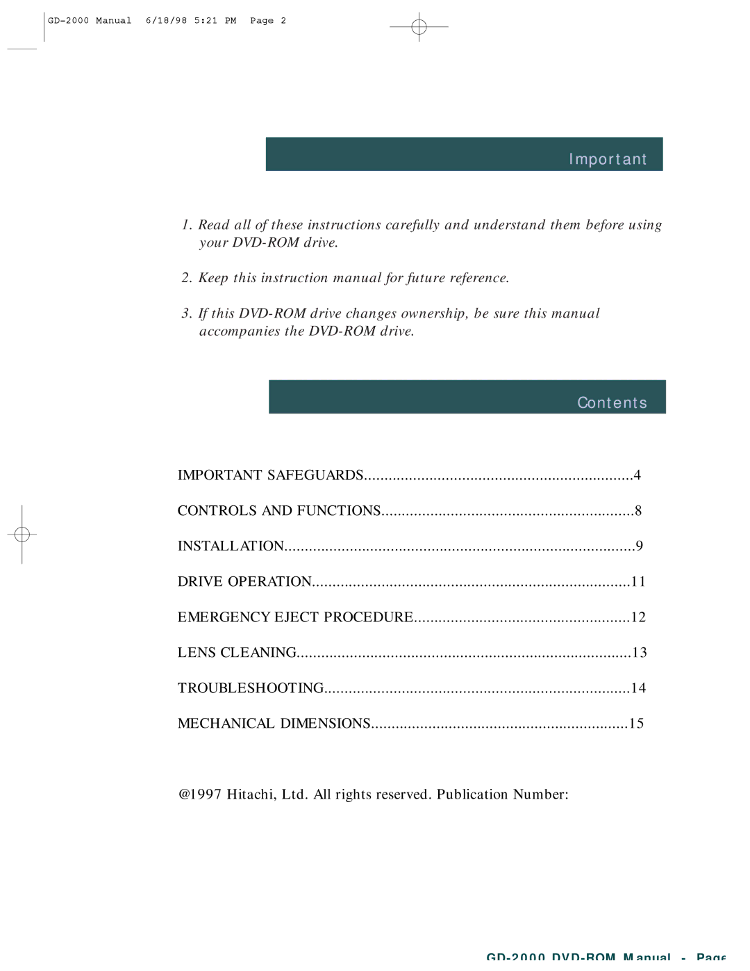 Hitachi GD-2000 manual Contents 