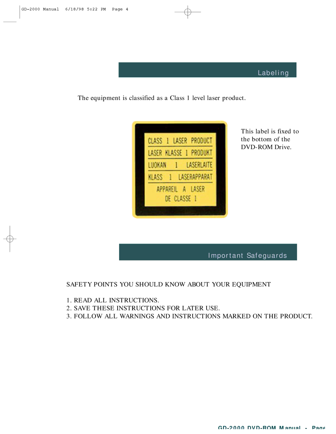 Hitachi GD-2000 manual Labeling, Important Safeguards 