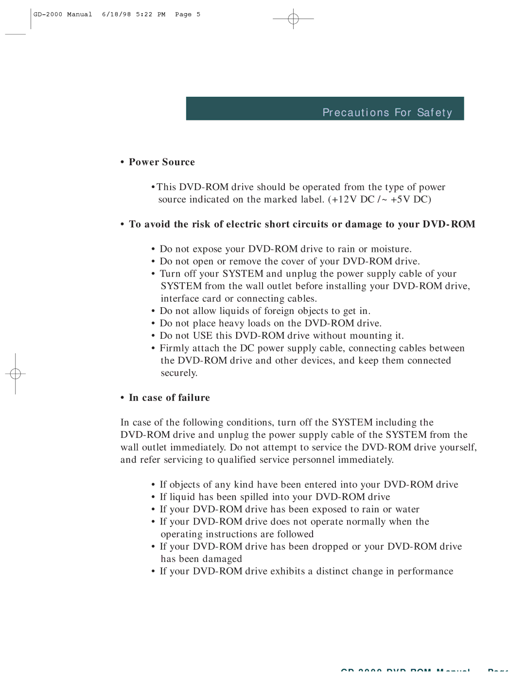 Hitachi GD-2000 manual Precautions For Safety, Power Source, Case of failure 