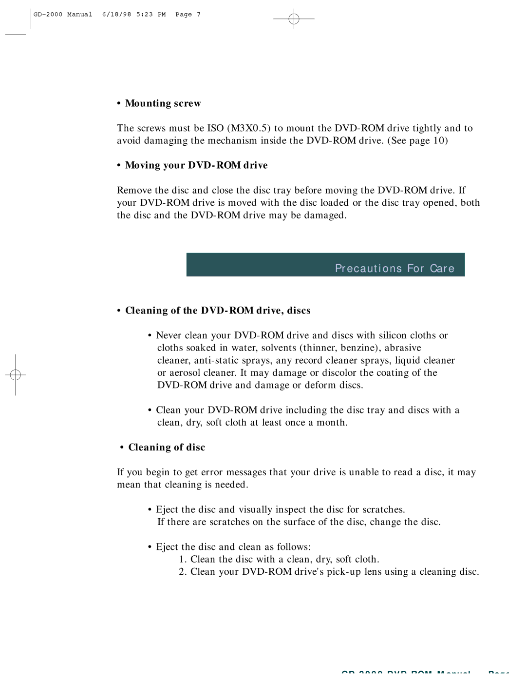 Hitachi GD-2000 Precautions For Care, Mounting screw, Moving your DVD-ROM drive, Cleaning of the DVD-ROM drive, discs 