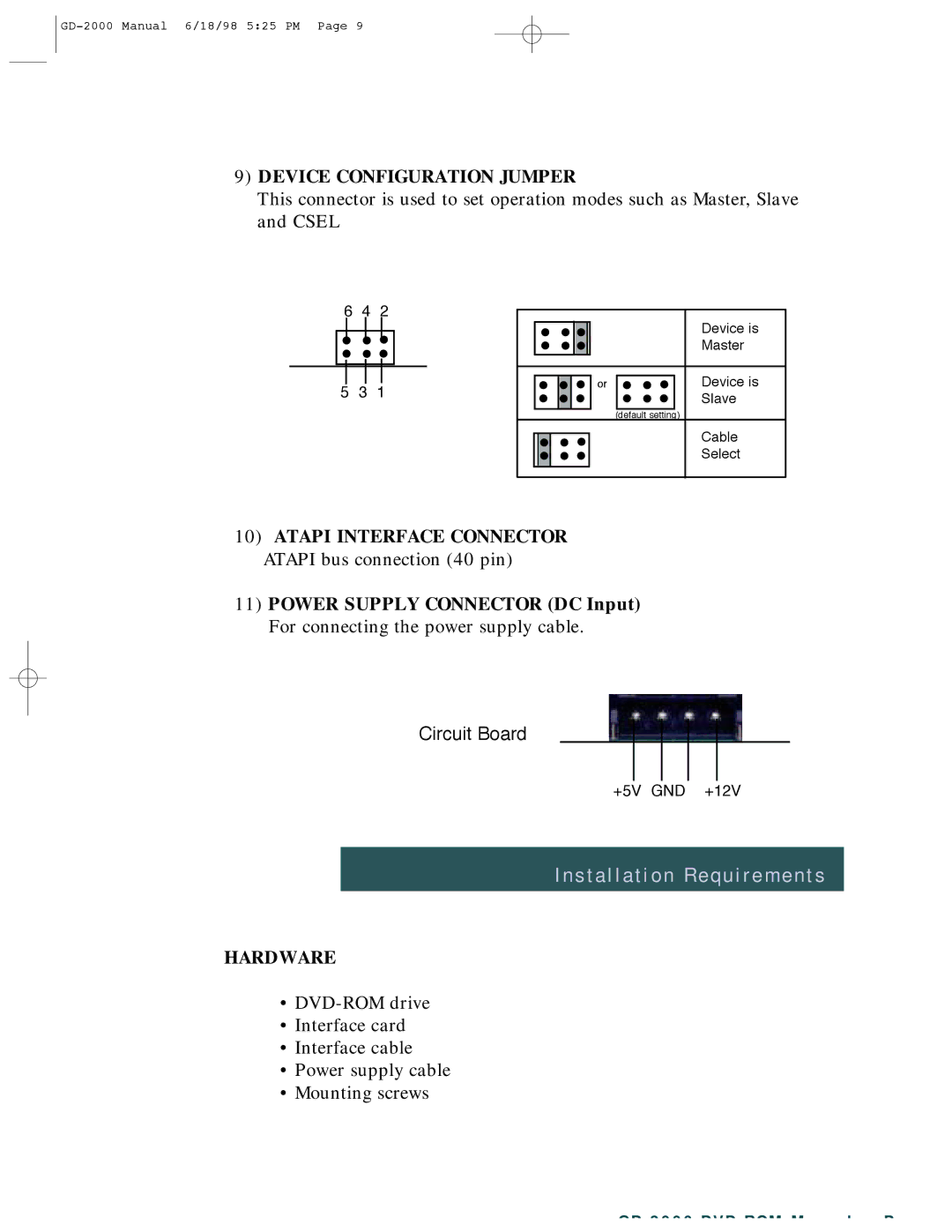 Hitachi GD-2000 manual Installation Requirements, Device Configuration Jumper 