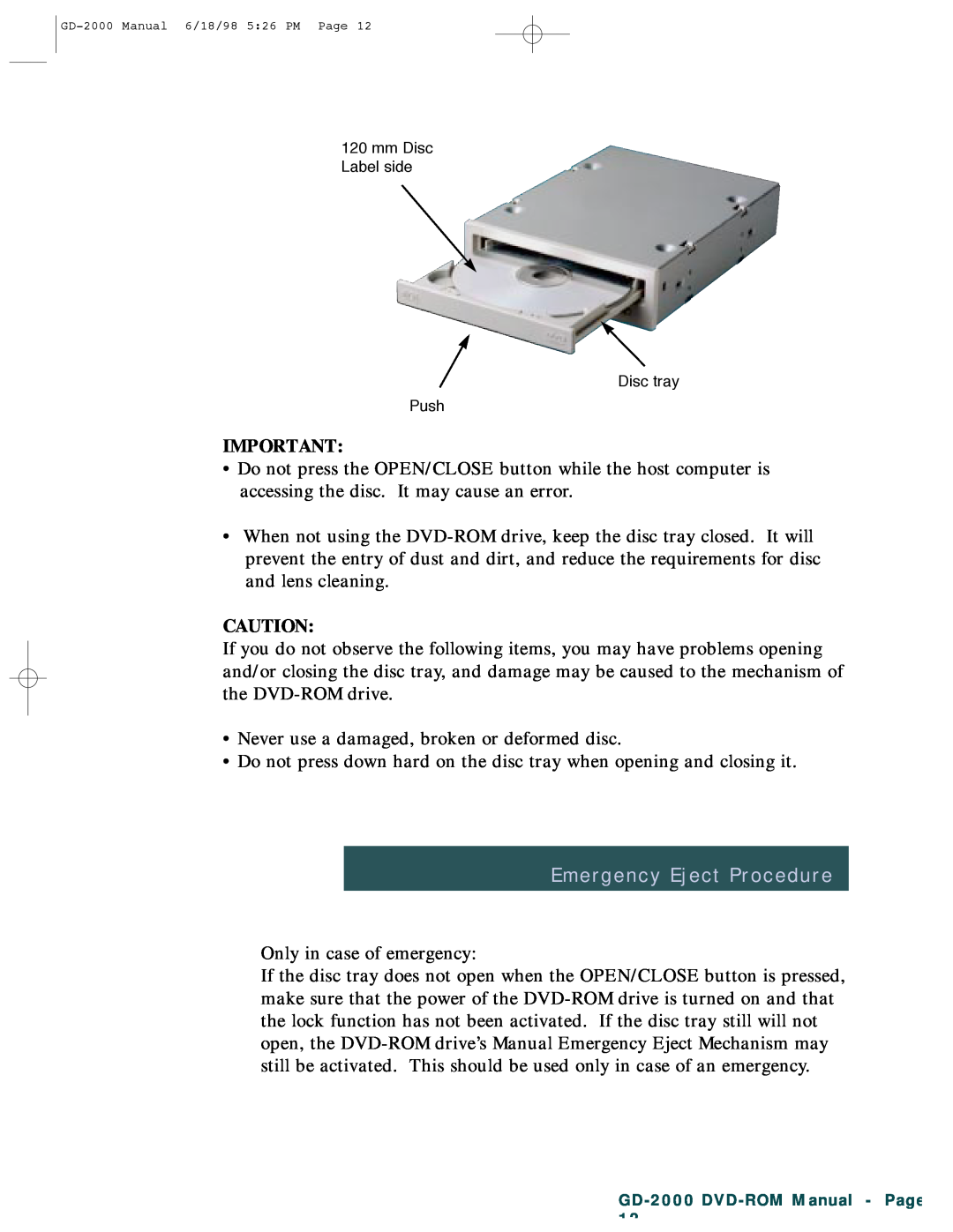 Hitachi GD-2000 manual Emergency Eject Procedure 
