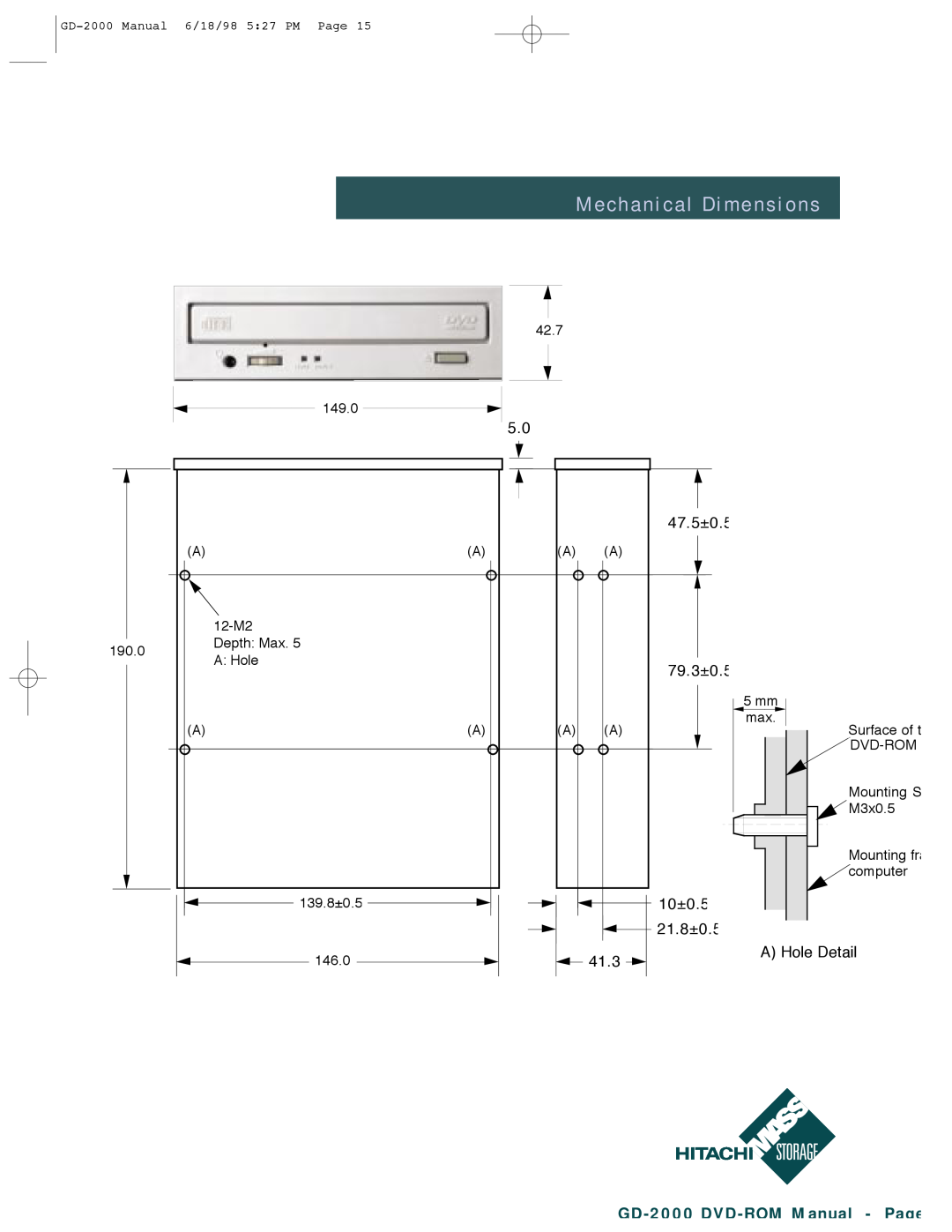 Hitachi GD-2000 manual Mechanical Dimensions, 5.0 47.5±0.5, 79.3±0.5, 10±0.5, 21.8±0.5, 41.3, A Hole Detail 