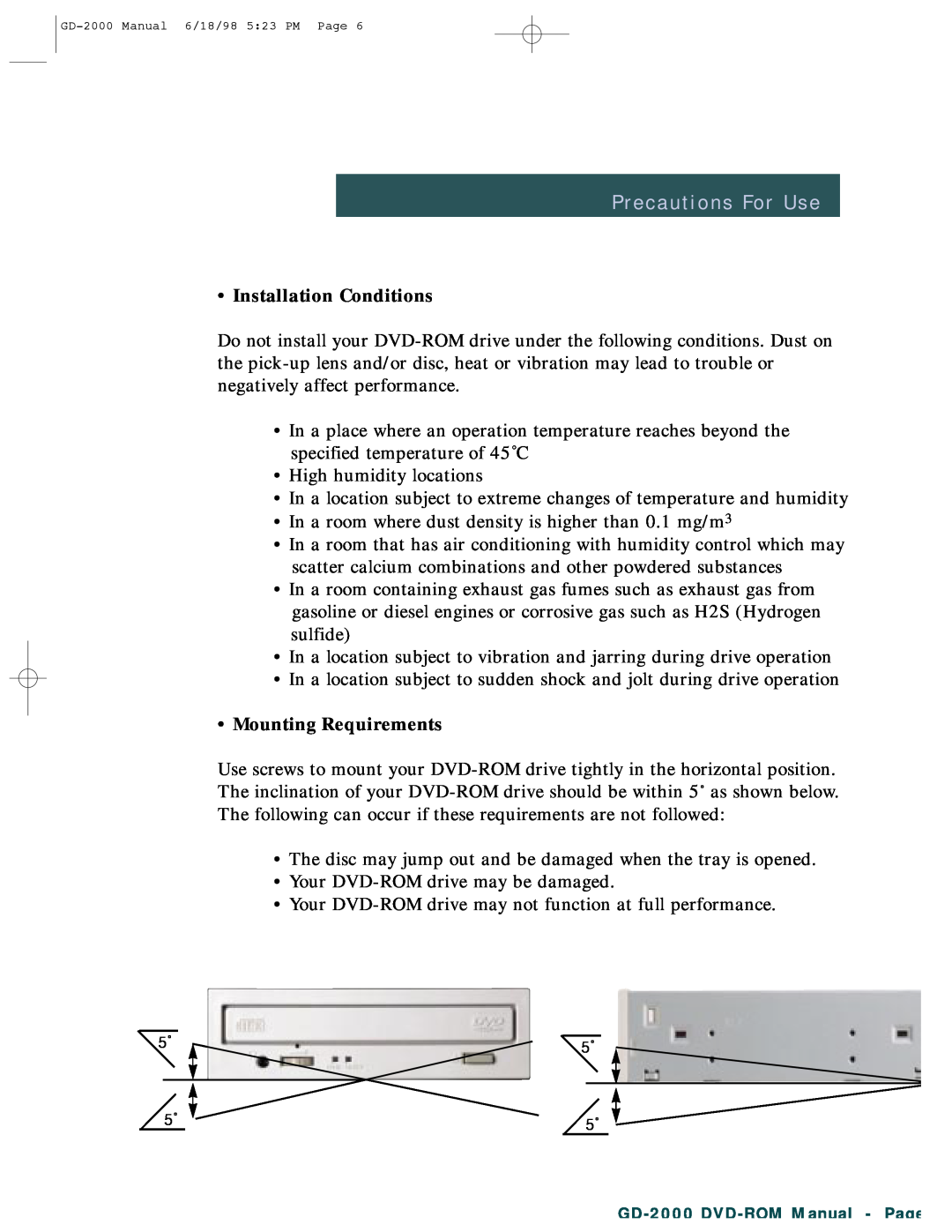 Hitachi GD-2000 manual Precautions For Use, Installation Conditions, Mounting Requirements 