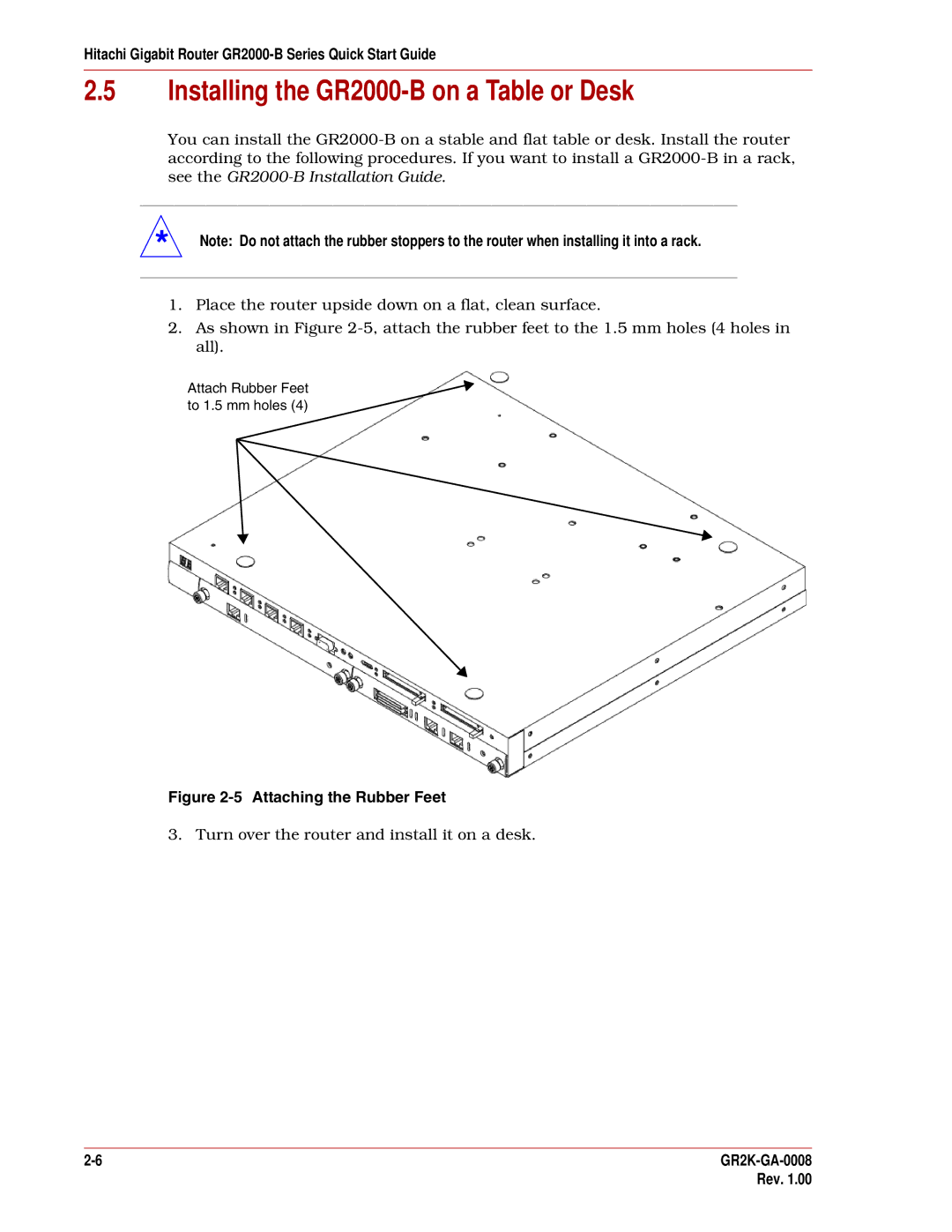 Hitachi GR2000-B Series quick start Installing the GR2000-B on a Table or Desk, Attaching the Rubber Feet 