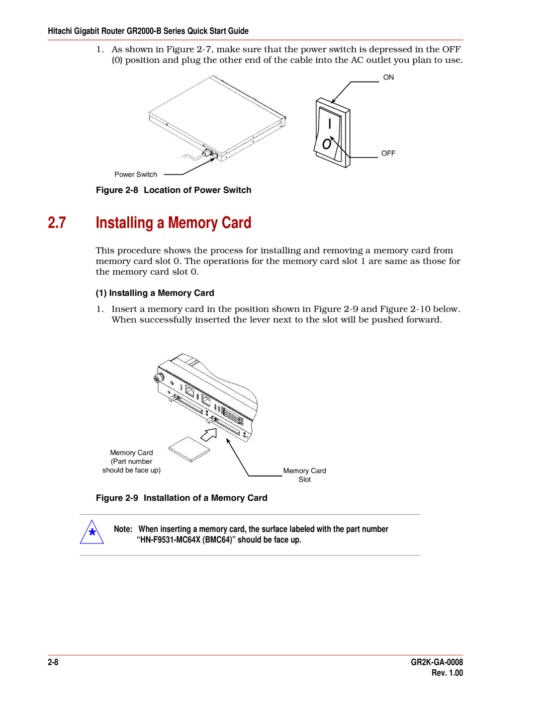 Hitachi GR2000-B Series quick start Installing a Memory Card 