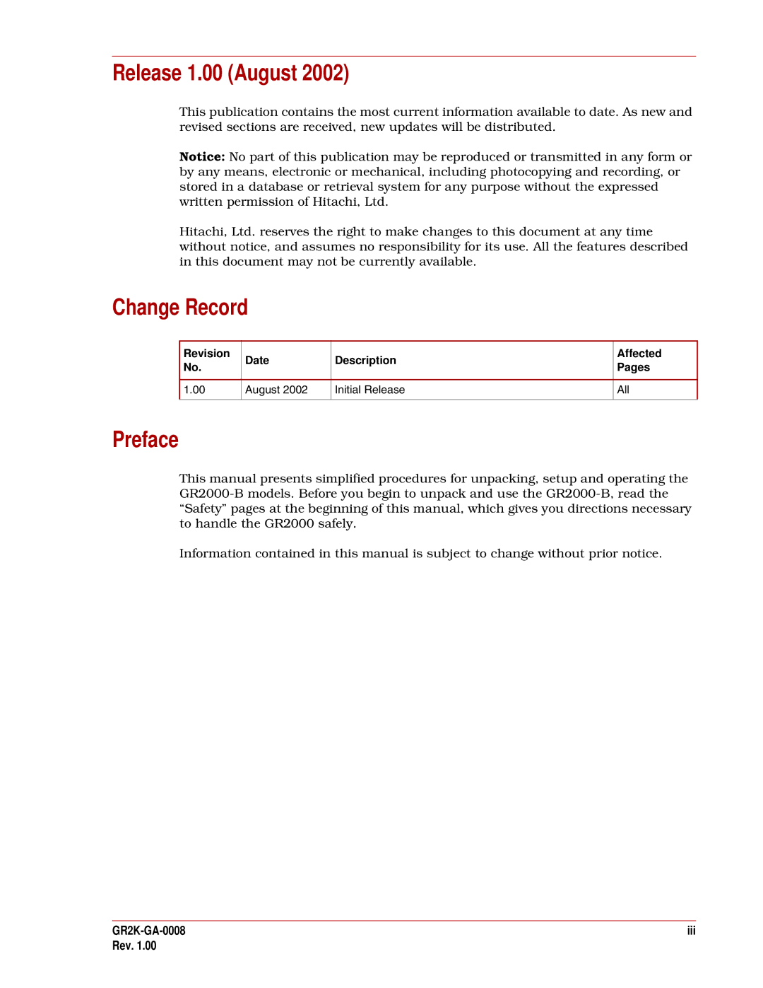 Hitachi GR2000-B Series quick start Release 1.00 August, Change Record, Preface, GR2K-GA-0008 