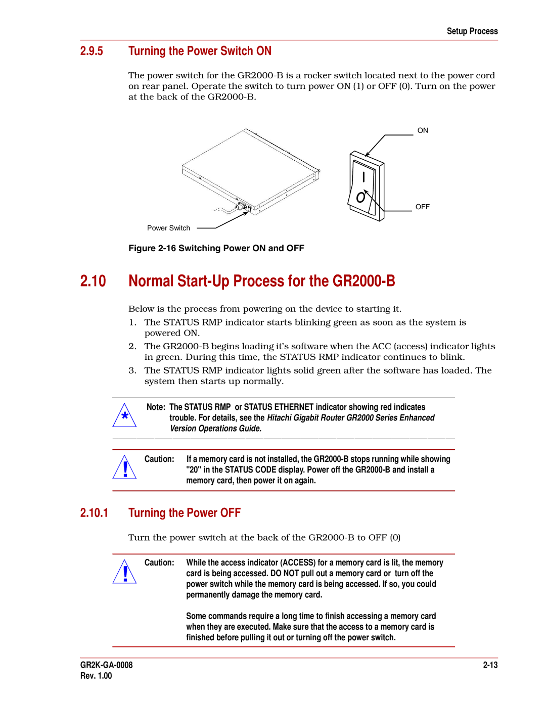 Hitachi GR2000-B Series Normal Start-Up Process for the GR2000-B, Turning the Power Switch on, Turning the Power OFF 