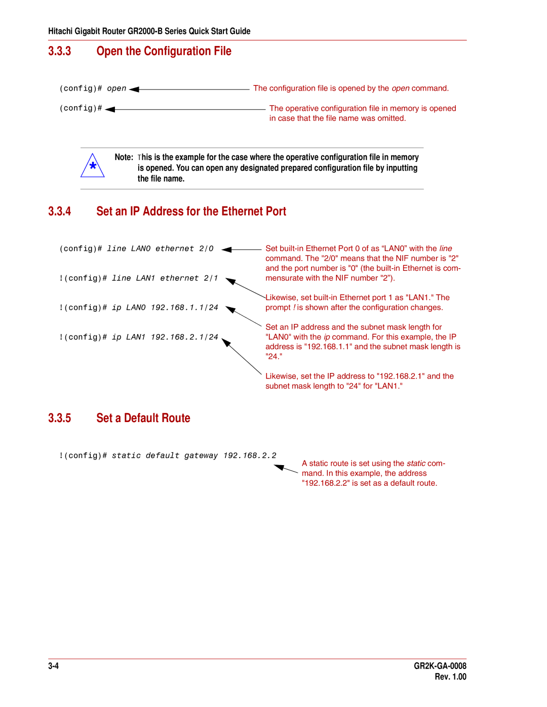 Hitachi GR2000-B Series Open the Configuration File, Set an IP Address for the Ethernet Port, Set a Default Route 
