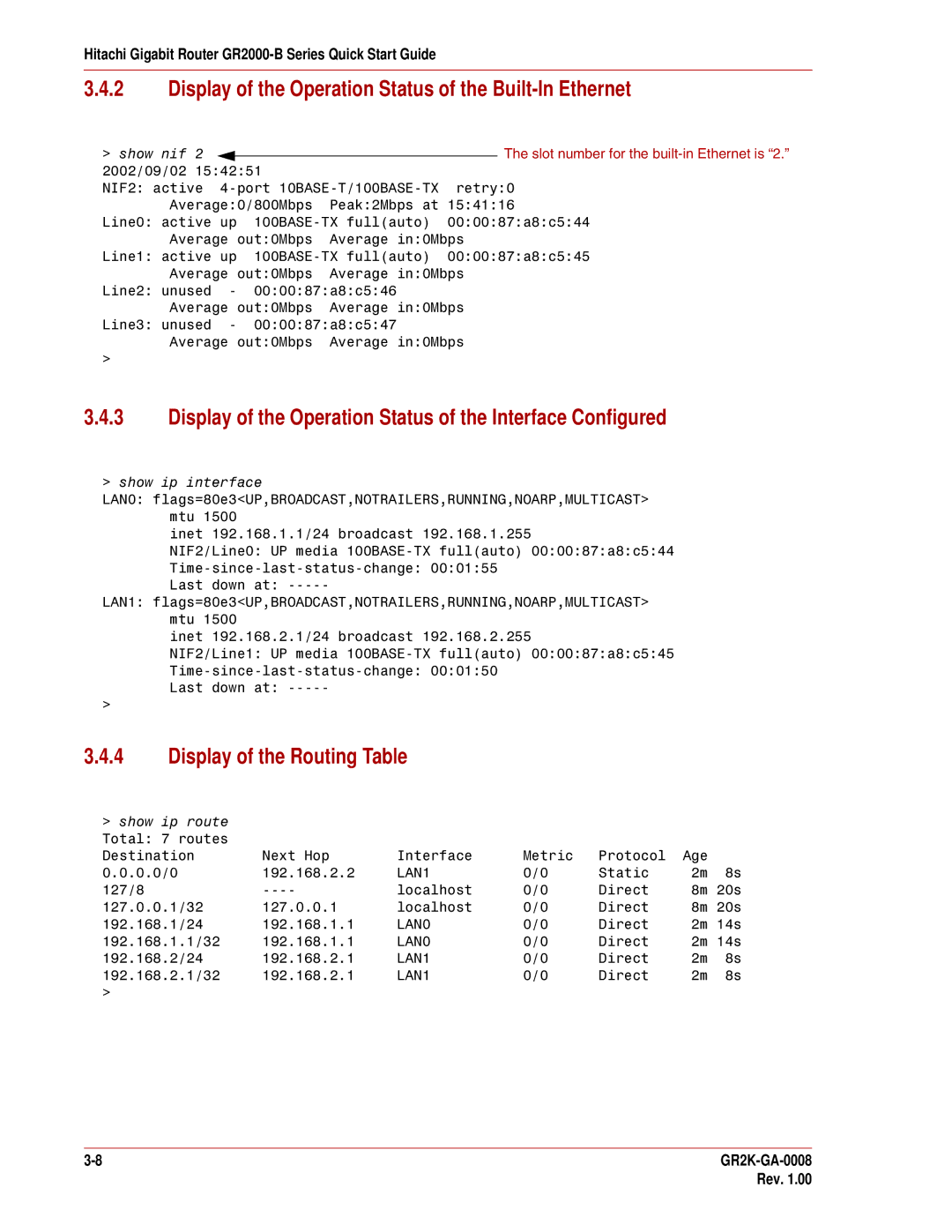 Hitachi GR2000-B Series quick start Display of the Operation Status of the Built-In Ethernet, Display of the Routing Table 