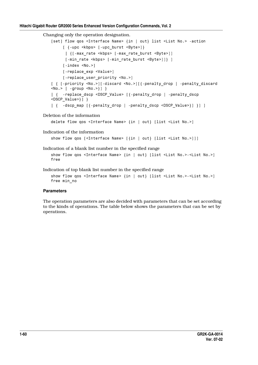 Hitachi GR2000 Series manual Indication of blank list number the specified range, Parametersminno 