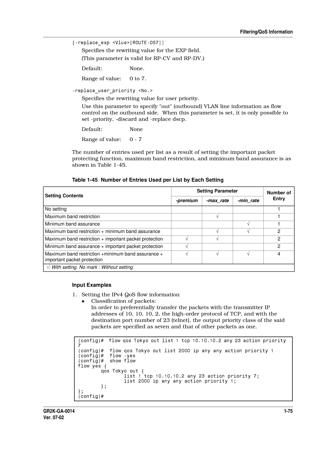 Hitachi GR2000 Series Number of Entries Used per List by Each Setting, Setting Contents Setting Parameter Number Entry 