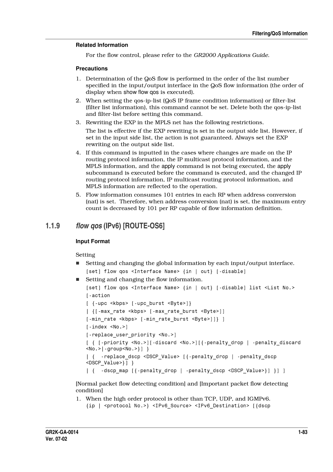 Hitachi GR2000 Series manual Flow qos IPv6 ROUTE-OS6, Filtering/QoS Information Related Information 