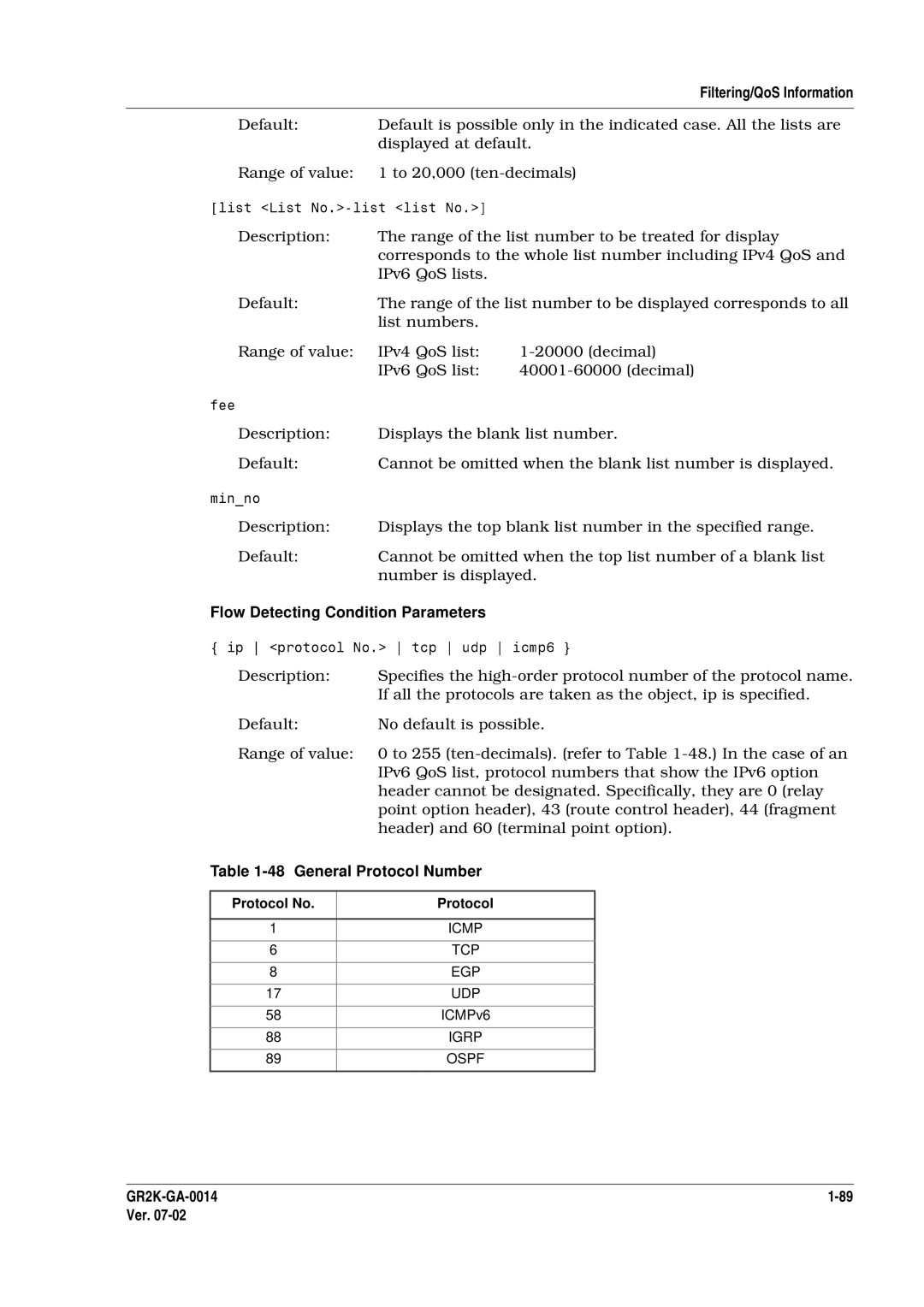 Hitachi GR2000 Series manual Flow Detecting Condition Parameters, General Protocol Number 