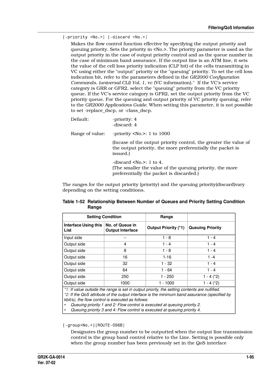 Hitachi GR2000 Series manual Filtering/QoS Information, Range 