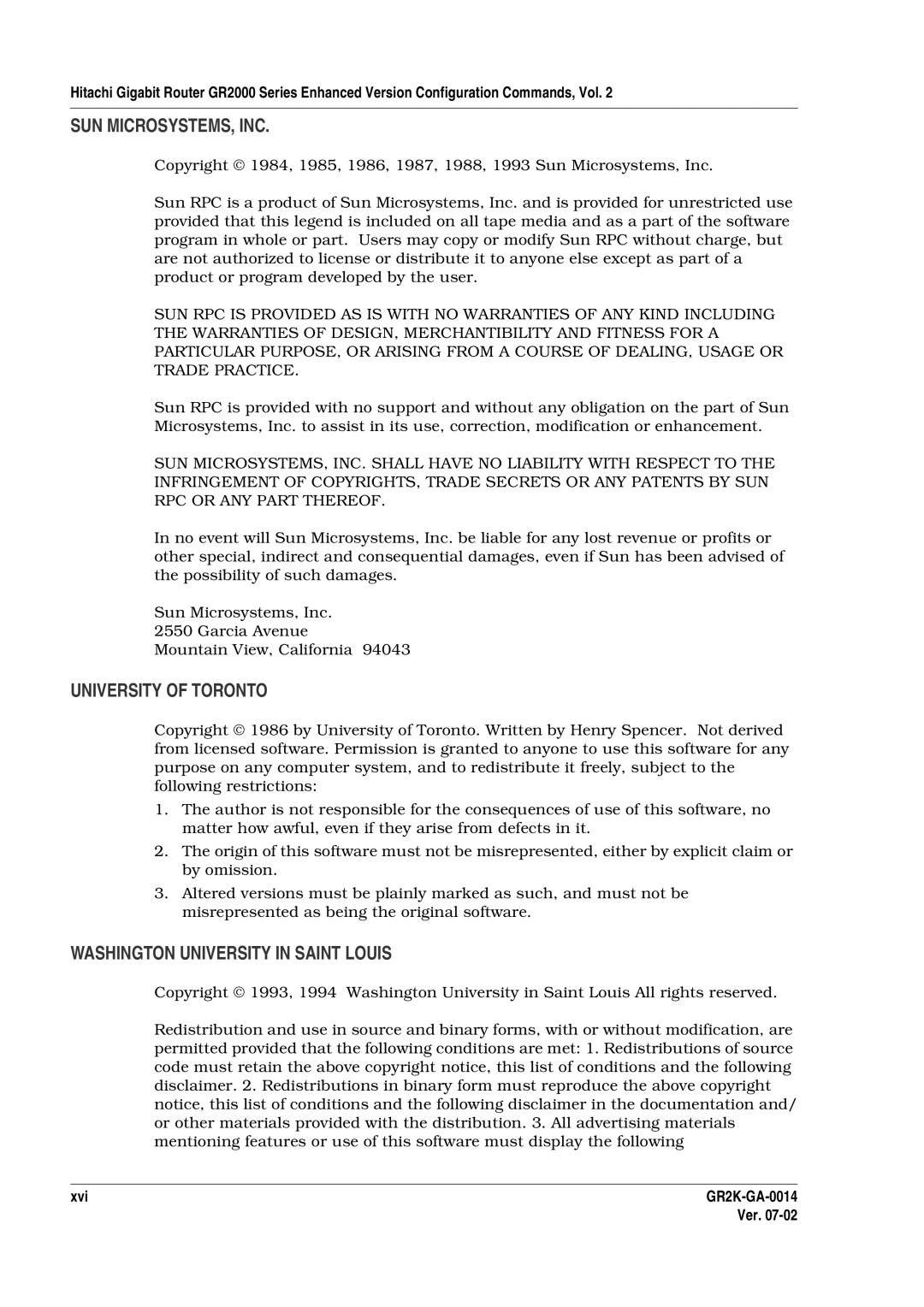 Hitachi GR2000 Series manual Sun Microsystems, Inc, Xvi 