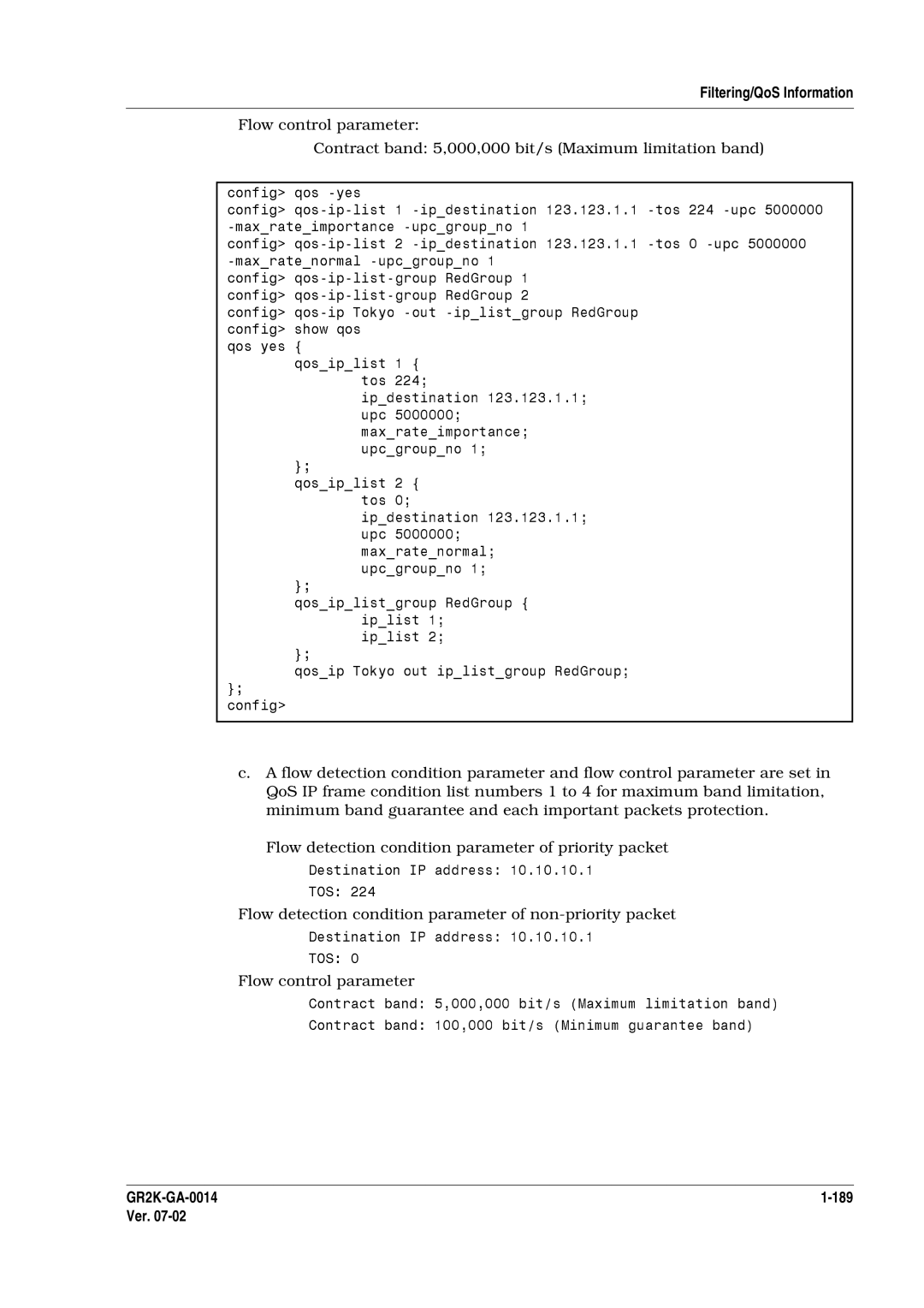 Hitachi GR2000 Series manual Config, Flow detection Ndi ion parameter of prio ity packet, 189 