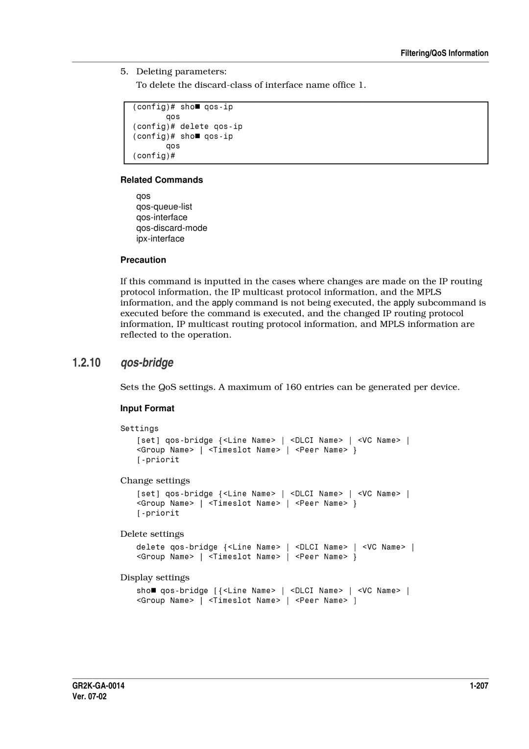 Hitachi GR2000 Series manual Precaution, 207 