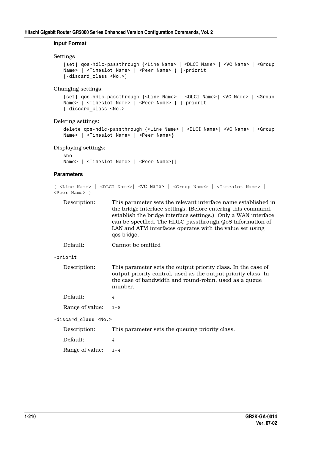 Hitachi GR2000 Series manual Parameter sets the output priority class. In the case, Number Default 