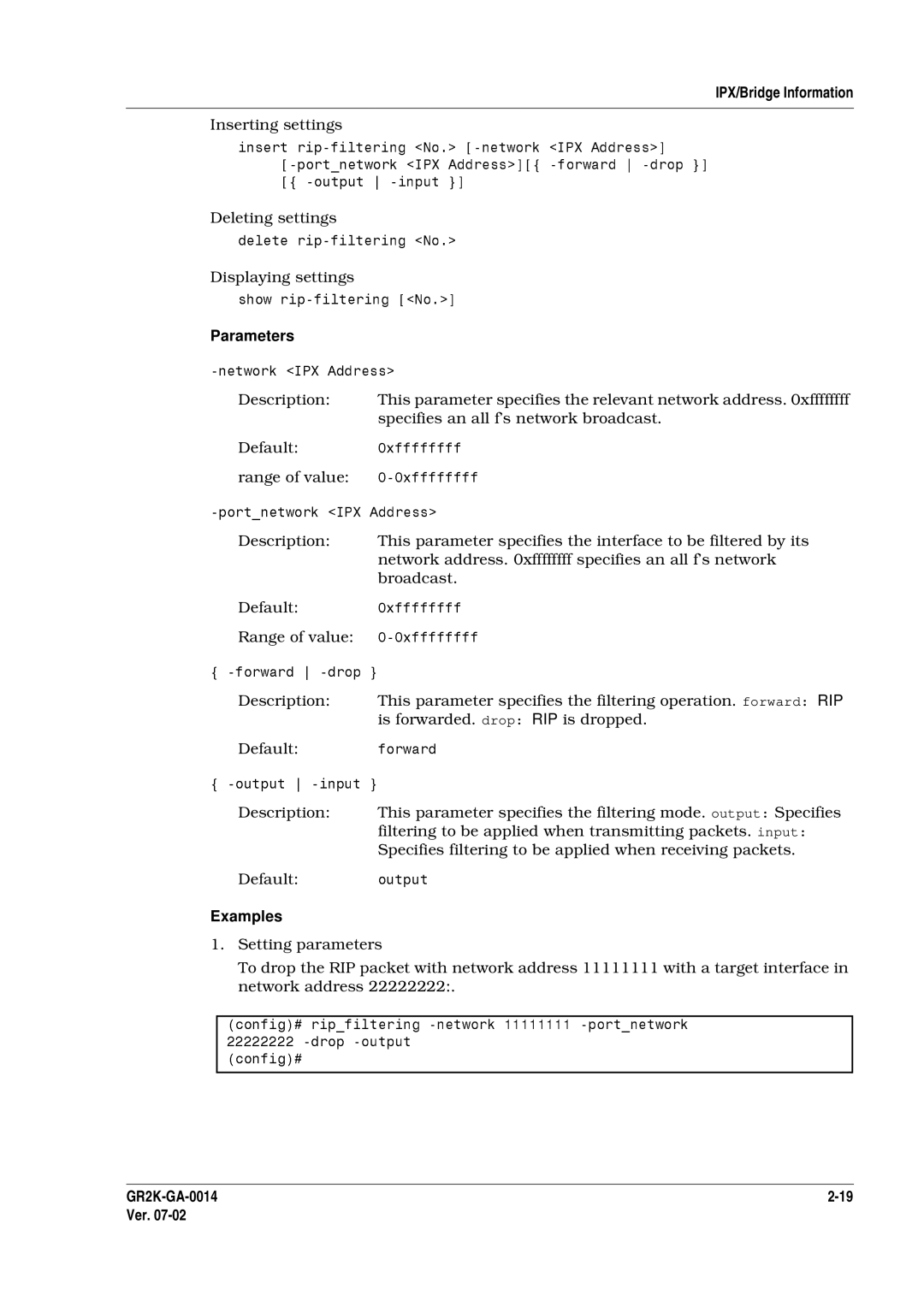 Hitachi GR2000 Series manual Parametersshowrip- No, Inserting settings 