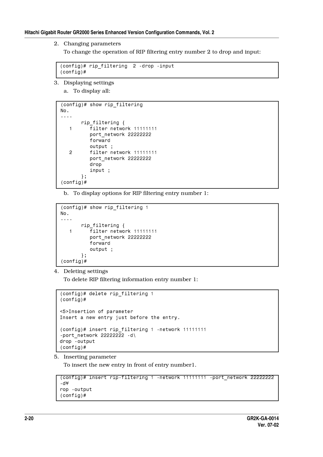 Hitachi GR2000 Series manual Displaying settings To display al, To d s Lay opt ons for RIP filtering en ry number, Ameter 