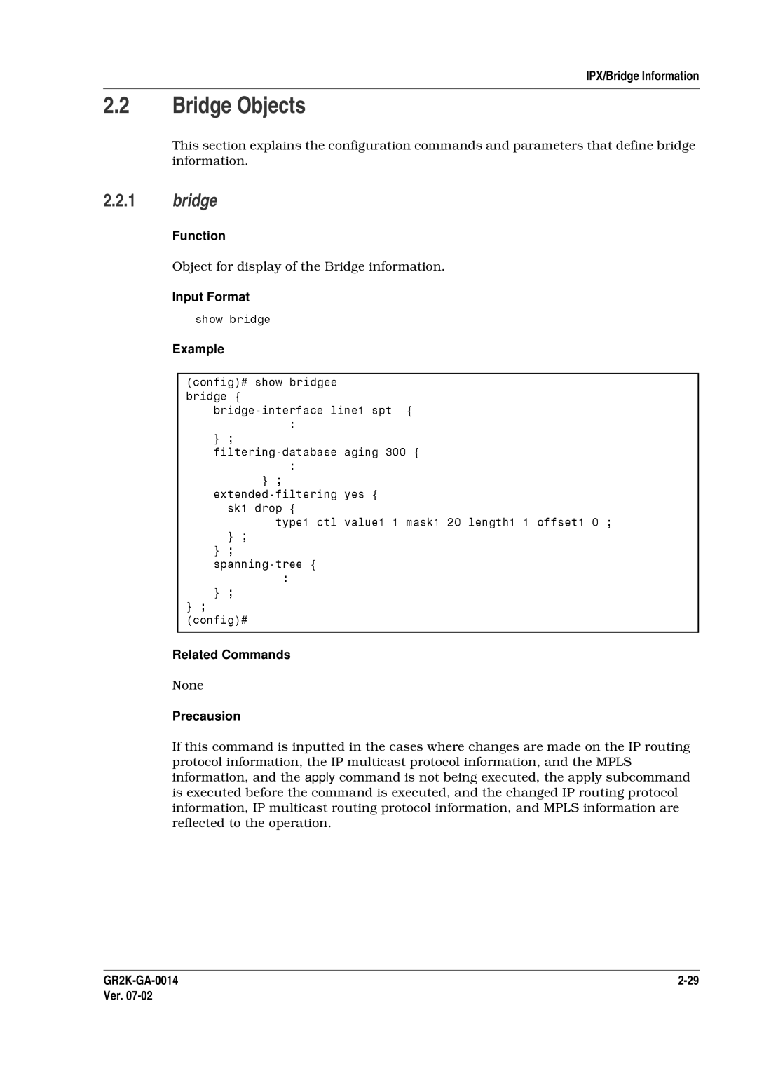 Hitachi GR2000 Series manual Bridge Objects, Object for display of the Bridge information, If this command Is input d 