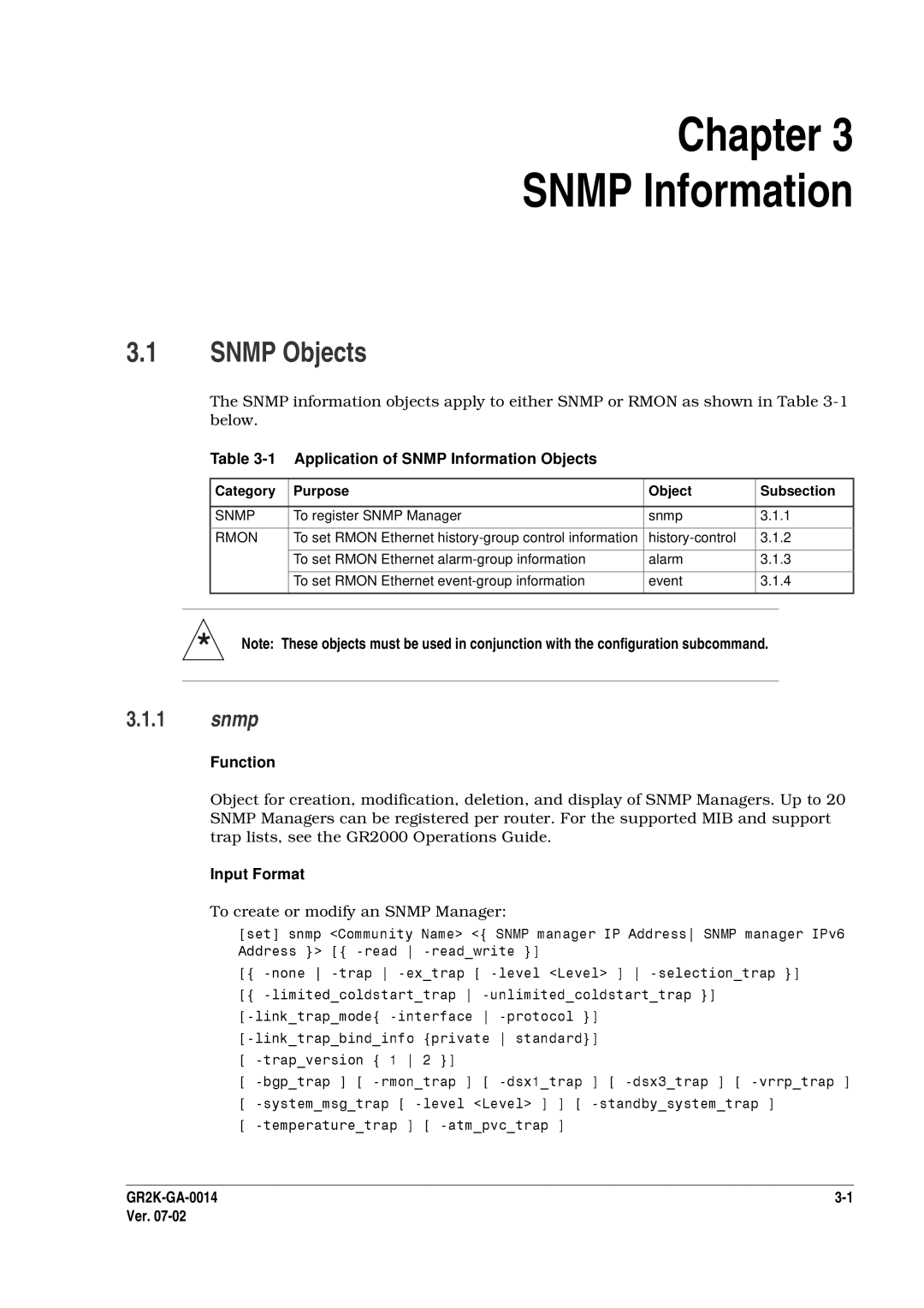 Hitachi GR2000 Series manual Snmp Objects, Application of Snmp Information Objects, To create or modify an Snmp Manager 