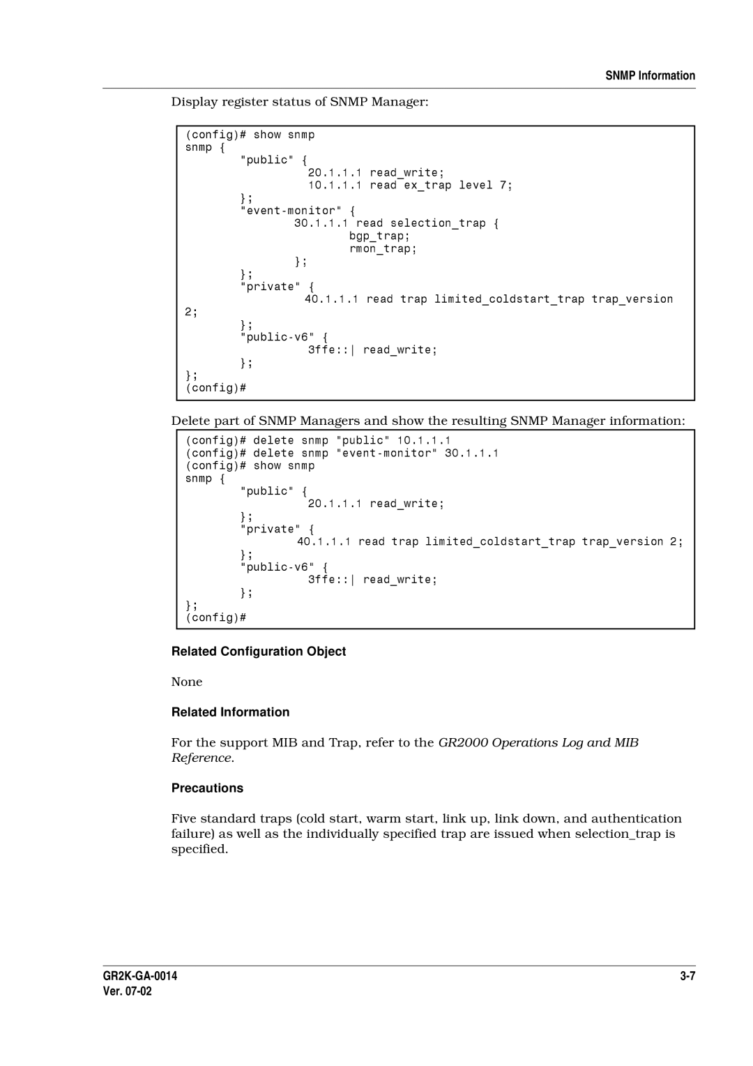 Hitachi GR2000 Series manual Display register status of Snmp Manager, Related Configur 