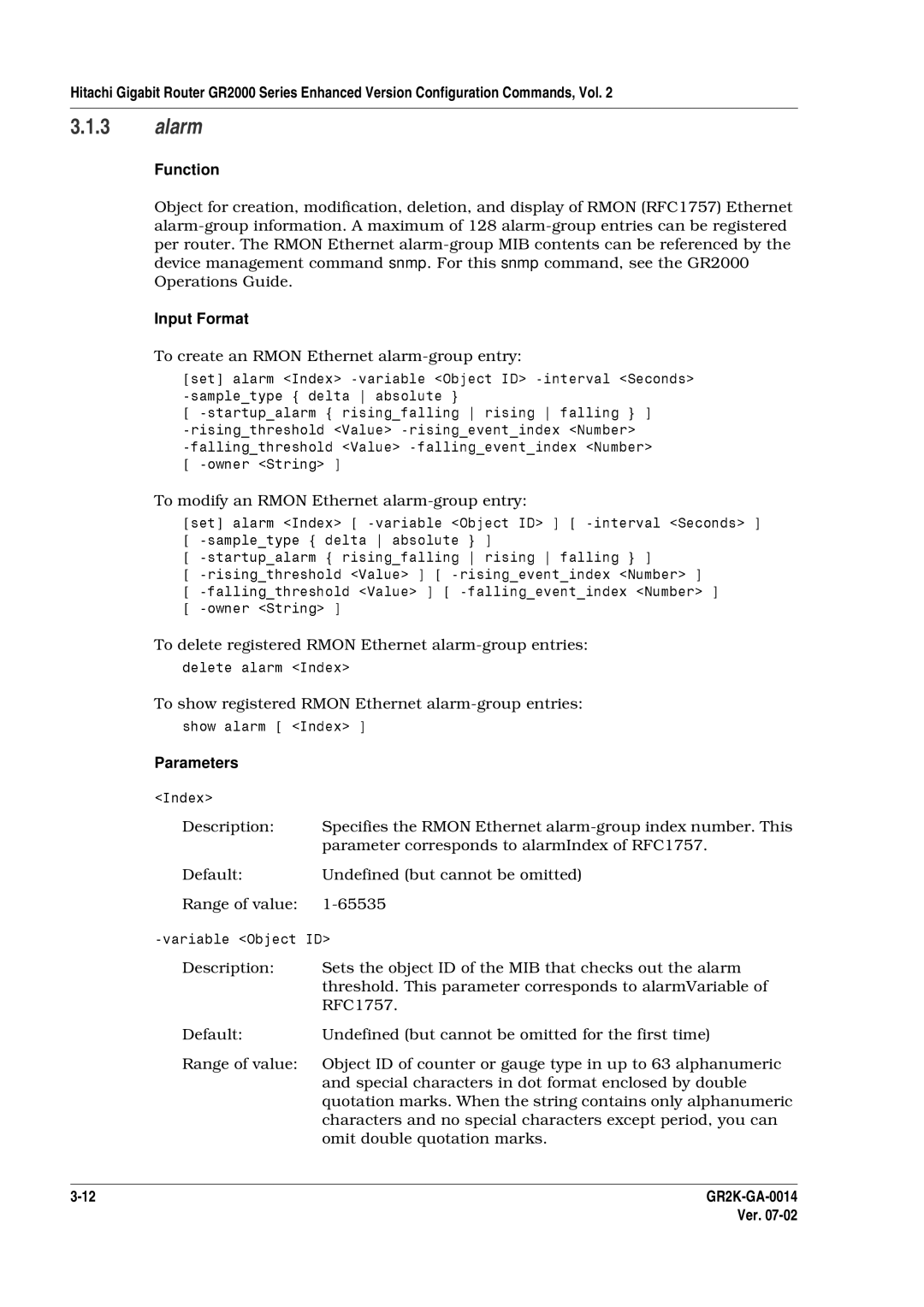 Hitachi GR2000 Series manual Alarm, To create an Rmon Ethernet alarm-group entry 