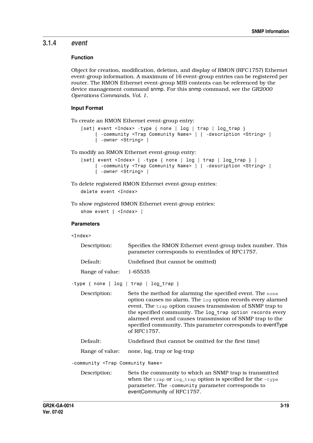 Hitachi GR2000 Series manual Event, To create an Rmon Ethernet event-group entry, Parameter corresponds to 