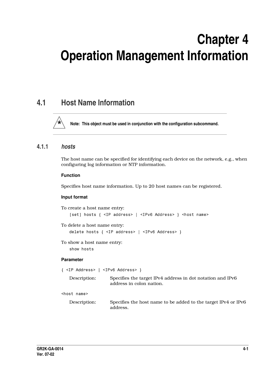 Hitachi GR2000 Series manual Host Name Information, Hosts, To create a host name entry 