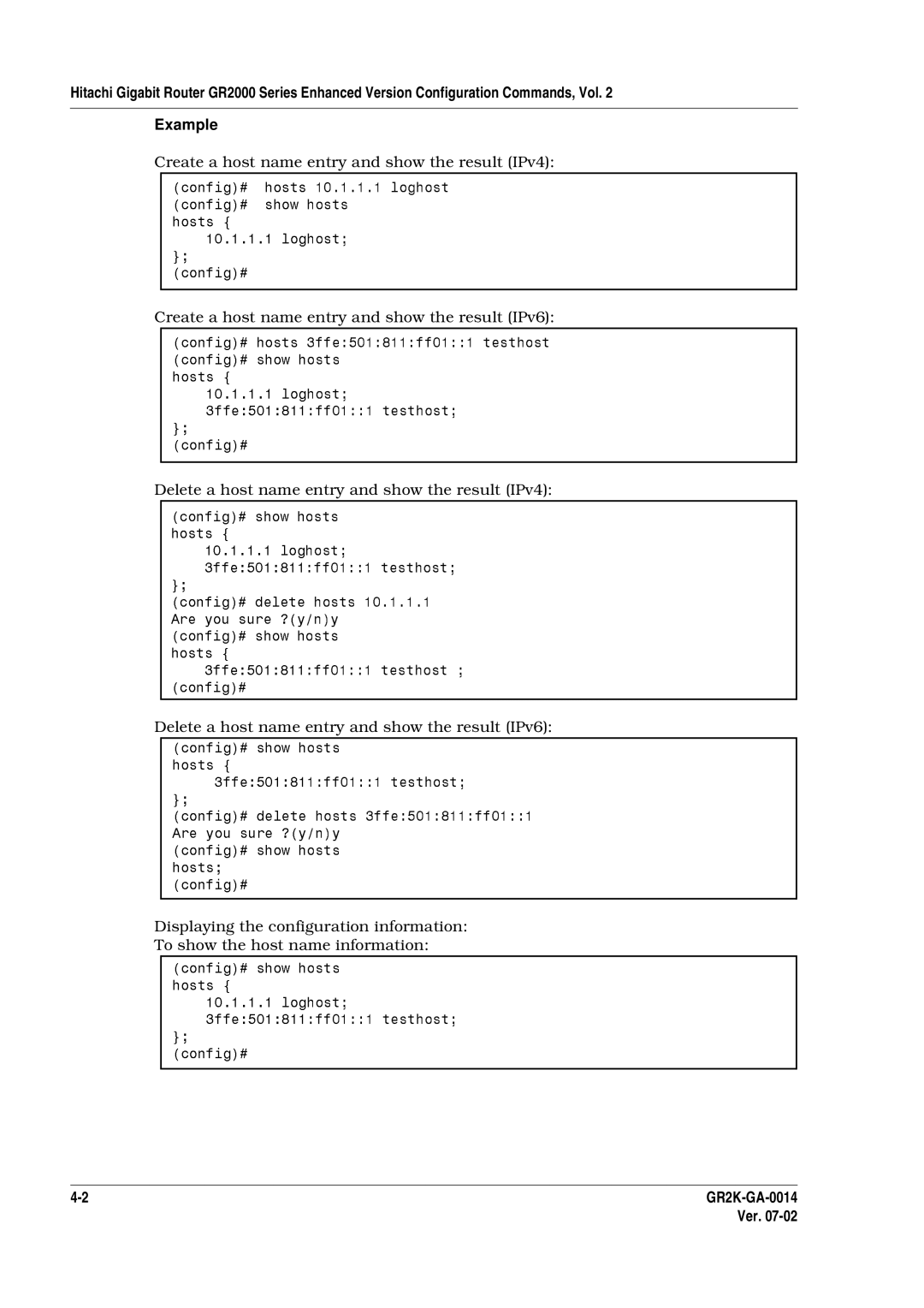 Hitachi GR2000 Series Create a host name entry and show the result IPv4, Create a host name entry and show the result IPv6 