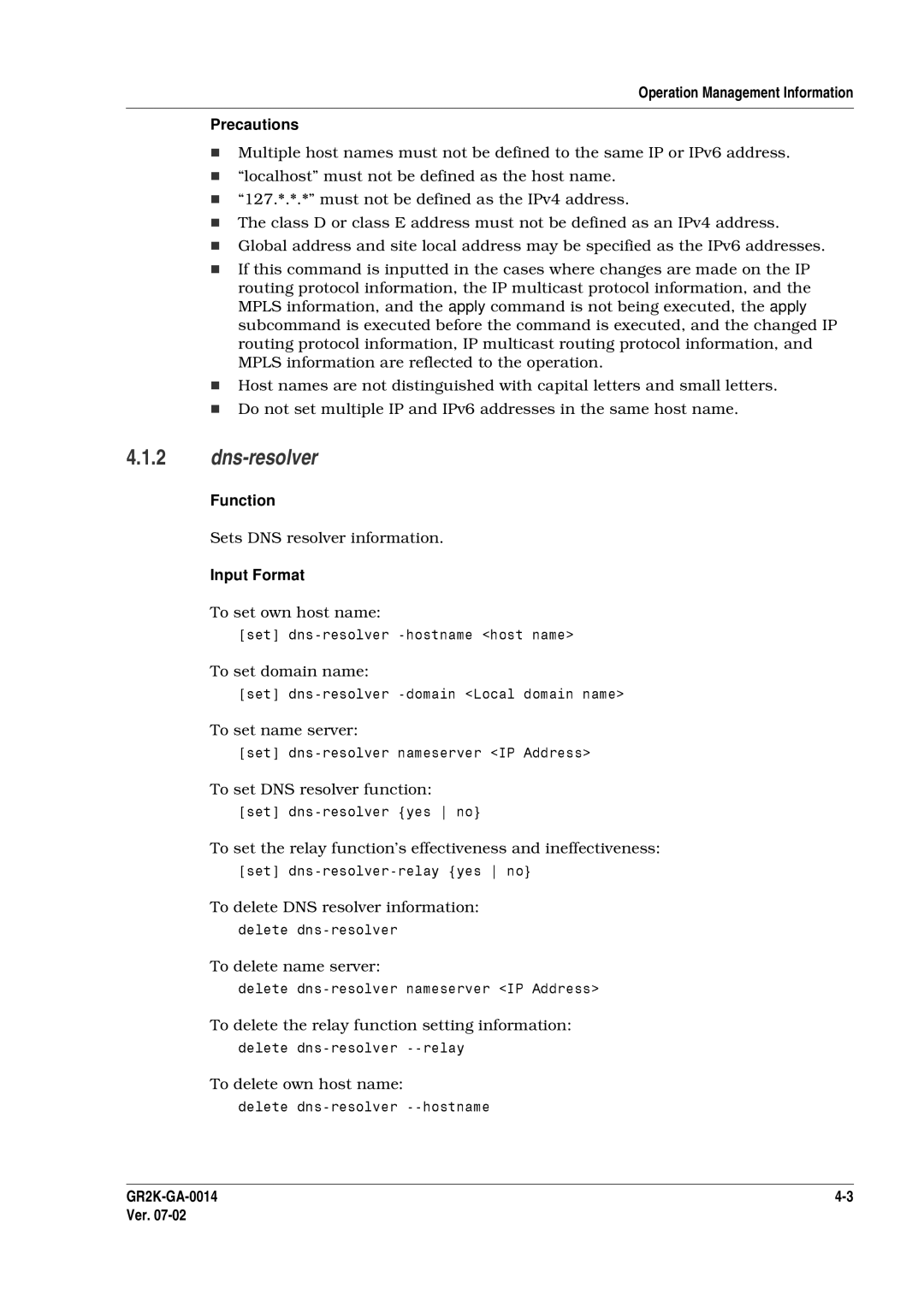 Hitachi GR2000 Series manual Dns-resolver, Operation Management Information Precautions 