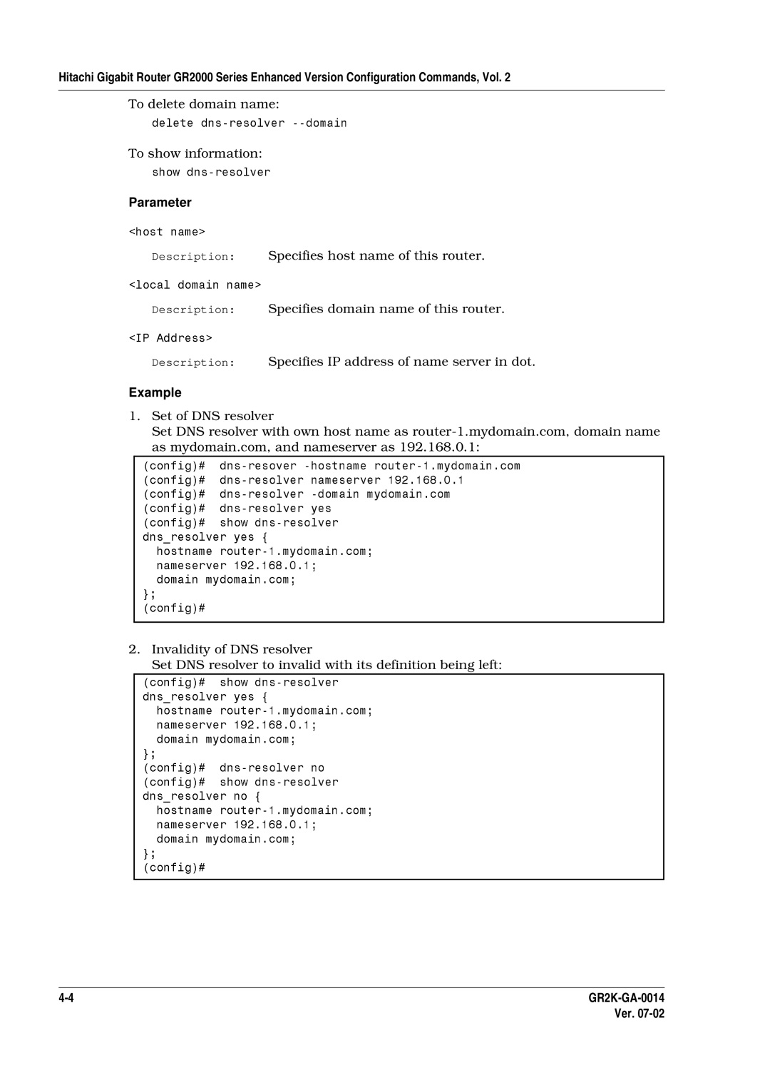 Hitachi GR2000 Series manual To delete domain name, Validity of DNS resolver 