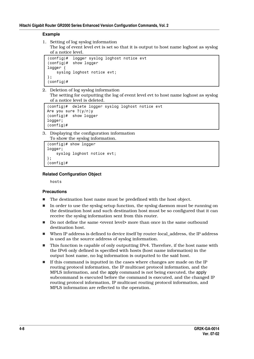 Hitachi GR2000 Series Setting of log syslog information, A notice level, Syslog informa Del tion Setting f Ou putting 