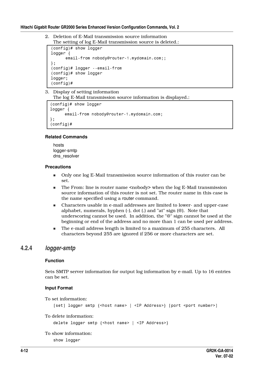 Hitachi GR2000 Series Logger-smtp, Log E-Mail t ansmission source inf rmation is displayed, Ginning, To show information 