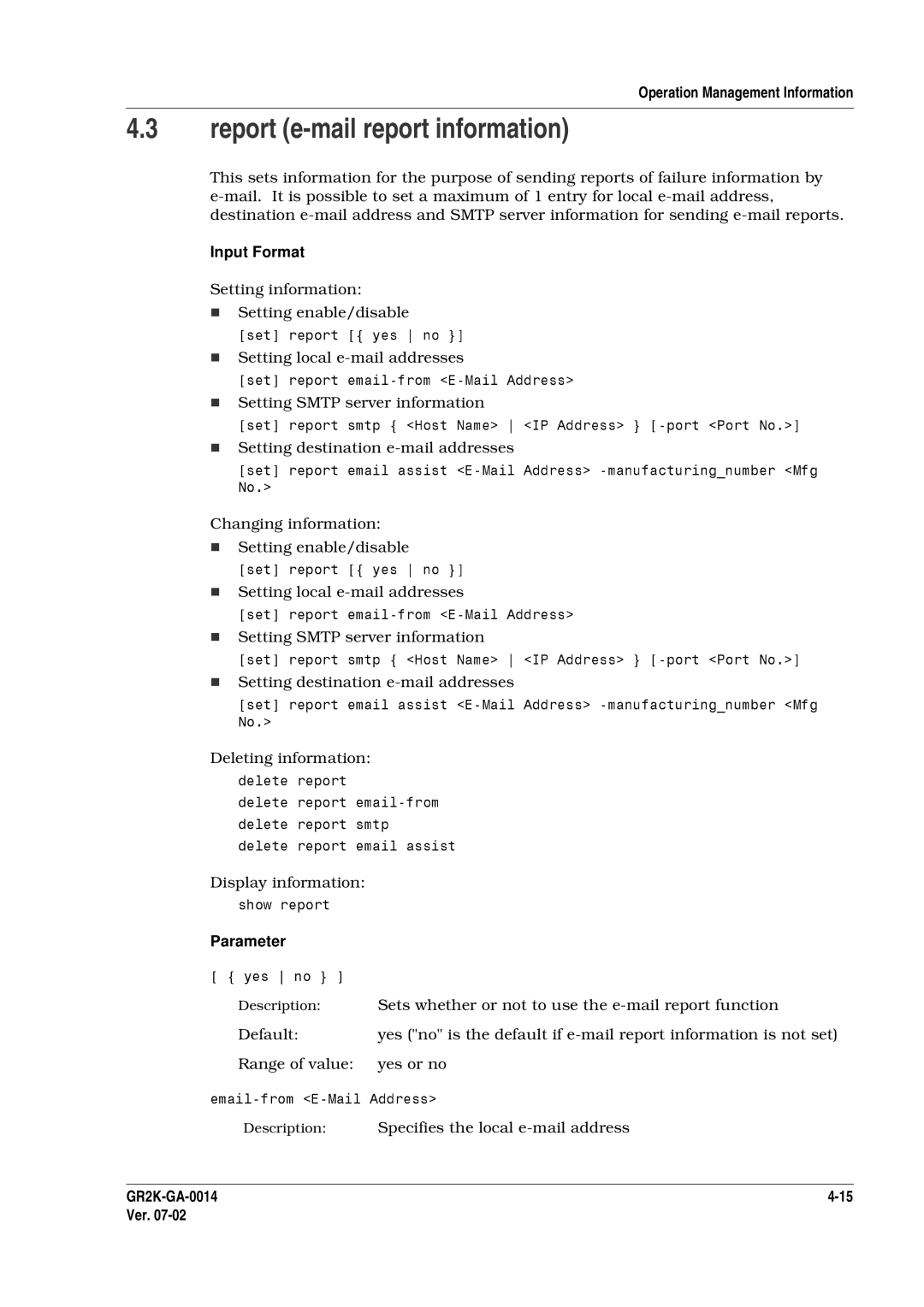 Hitachi GR2000 Series manual Report e-mail report information, Setting information Setting enable/disable 