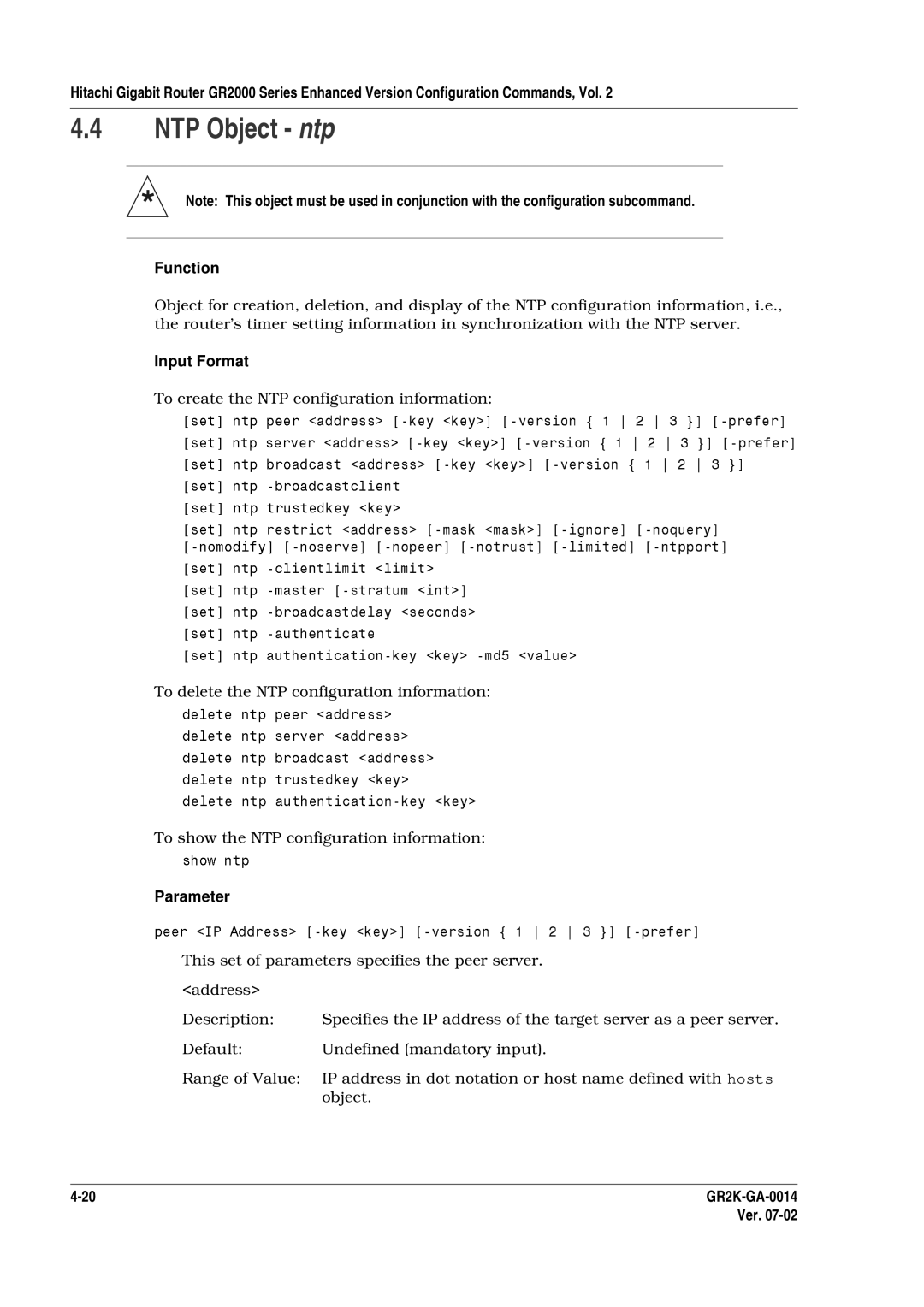 Hitachi GR2000 Series manual NTP Object ntp, To create the NTP configuration information 