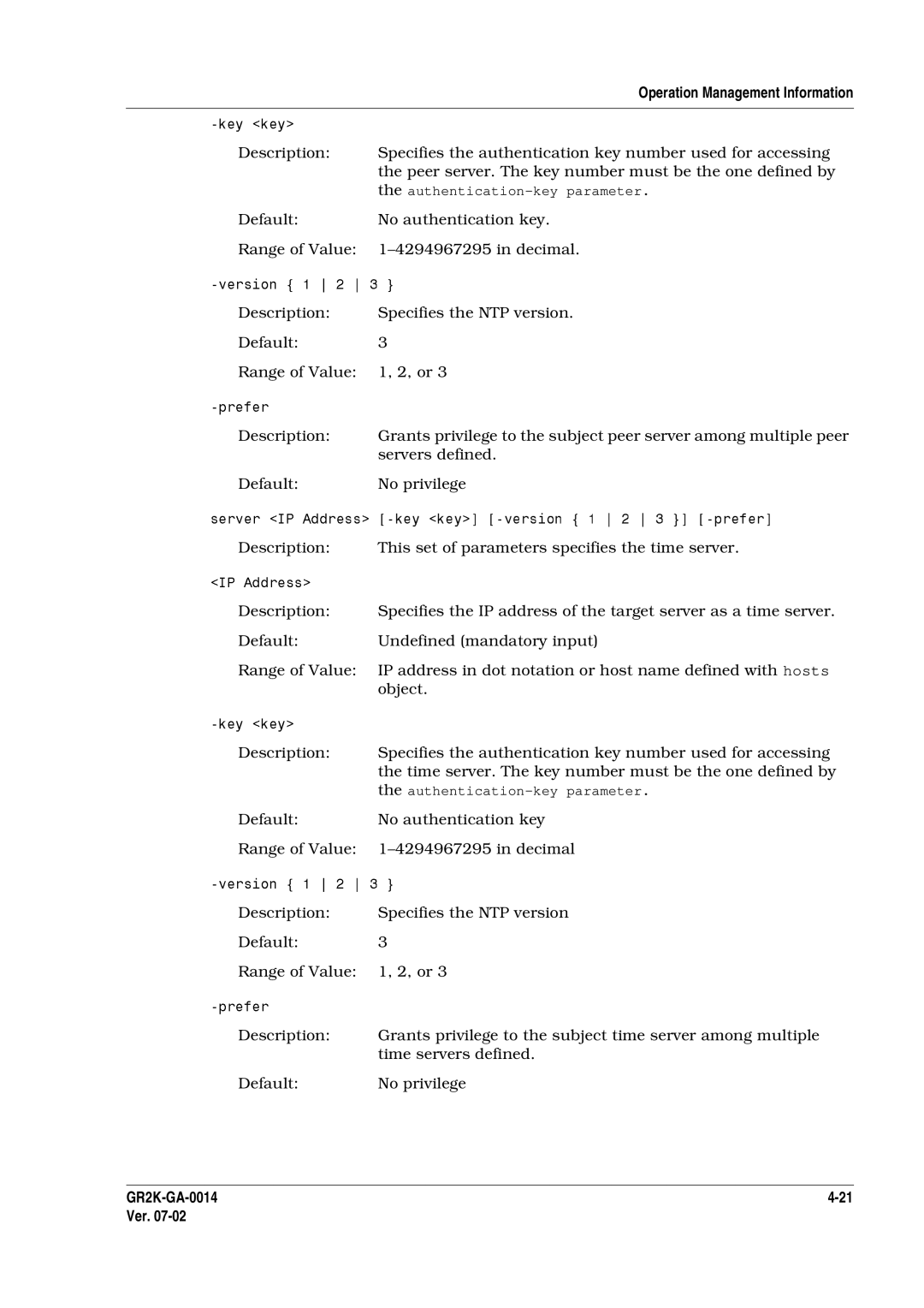 Hitachi GR2000 Series manual Specifies the authentication key number used for accessing, Time servers defined 