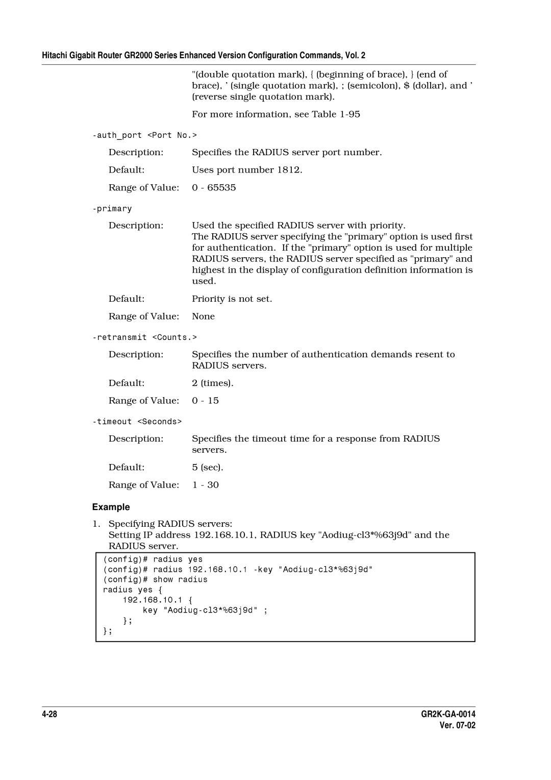 Hitachi GR2000 Series Default Uses port number Range of Value 0, Used the specified Radius server with priority, Times 