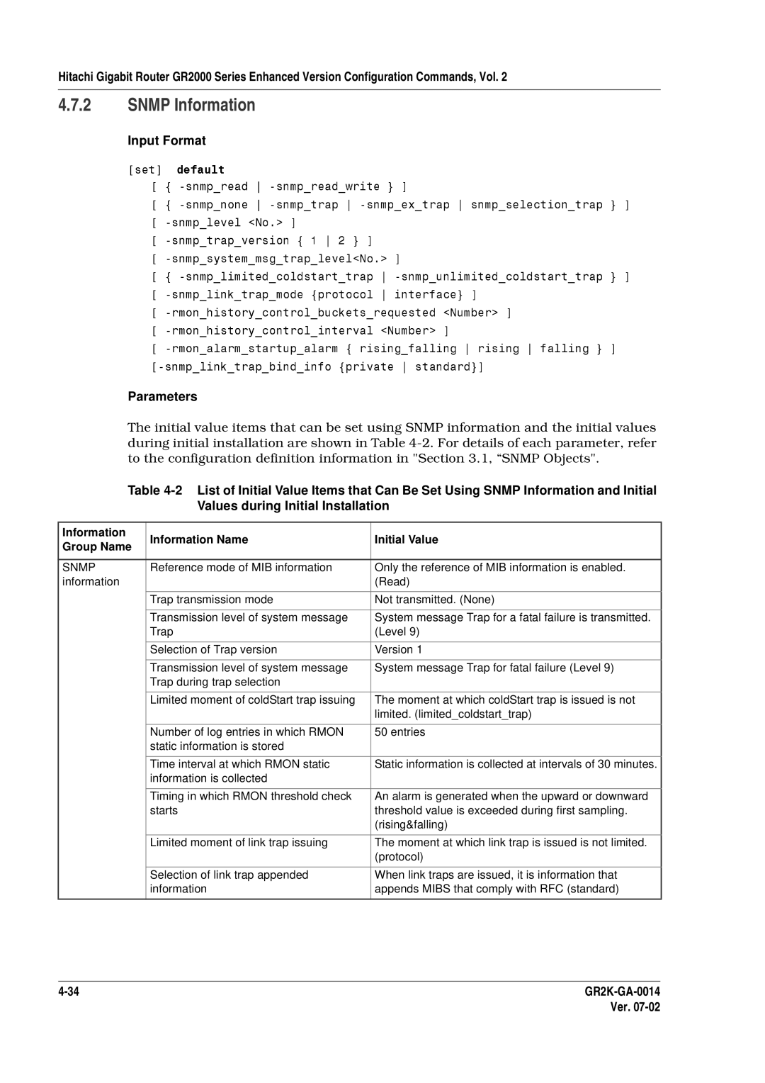 Hitachi GR2000 Series manual Snmp Information, Values during Initial Installation 