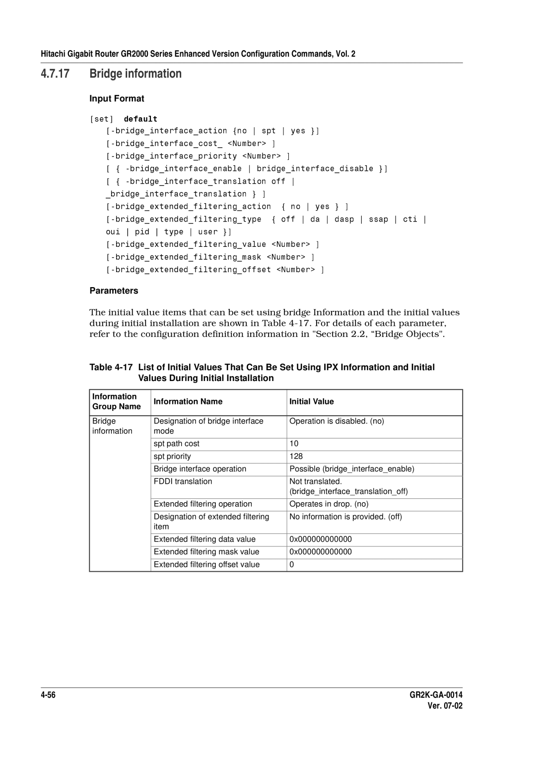 Hitachi GR2000 Series manual Bridge information, Values During Initial Installation 